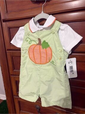 Petit Ami Light Green Pumpkin Applique Romper Set with White Polo